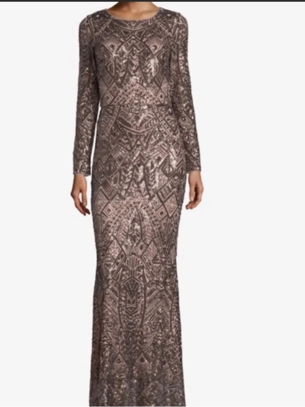 Betsy & Adam Taupe Sequin Geometric Long-Sleeve Gown